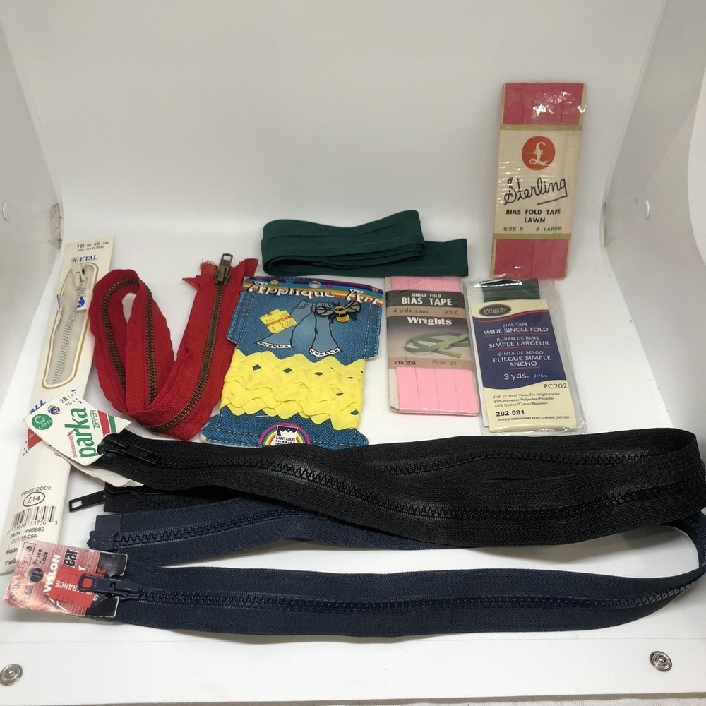 Mixed Lot Of Vintage Sewing Notions Most New Some Used Zippers Bias Tape